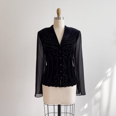 black velvet shirt 90s y2k vintage goth stretchy sheer long sleeve beaded blouse 