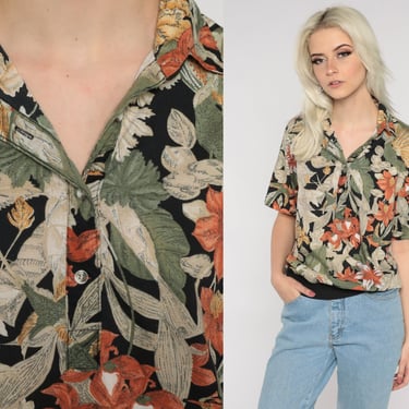 Tropical Floral Shirt 80s Button Up Banded Hem Polo Shirt Black Green Red Flower Blouse Short Sleeve Top Retro Vintage 1980s Medium Large 