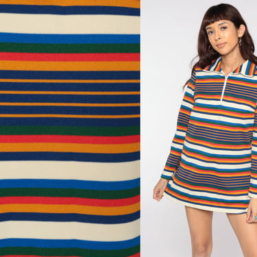 70s Micro Mini Dress Mod Striped Blouse 60s Stripes Top Twiggy Shirt Turtleneck Shirt 1970s Space Age Long sleeve Rainbow Medium 