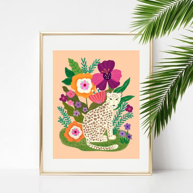 White Leopard With Tropical Flowers 8 X 10 Art Print/ Big Cat Wall Decor/ Floral Jungle Animal Illustration/ Tropical Forest Scene Art 