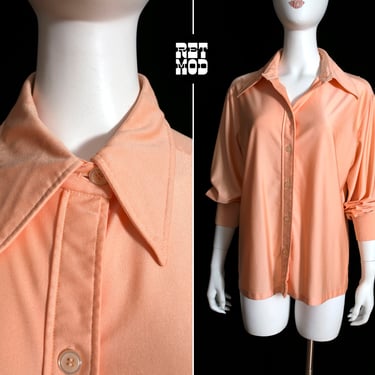 Perfect Plus Size Vintage 60s 70s Peachy Pastel Orange Button Down Shirt with Dagger Collar 