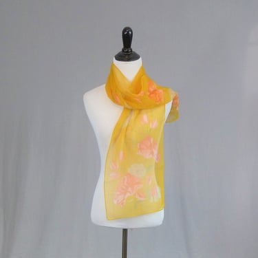 Vintage Long Vera Scarf - Sheer Yellow with Pink and White Flowers - Designer Vera Neumann - about 52