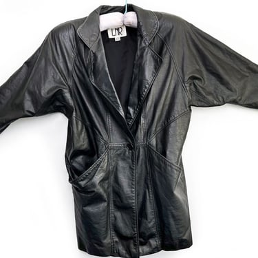 Black Leather Overcoat Vintage Modern Simple 1980's Oversized Small Women's Unisex Coat Jacket Dolmen Sleeves 