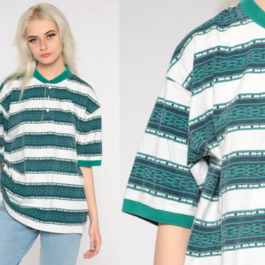 Striped Wrangler T Shirt 90s Southwestern Print Henley Shirt White Green Stripes Retro Tee Normcore Short Sleeve Vintage 1990s Cotton Large 