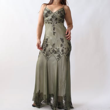 90s Moss Silk Beaded Dress