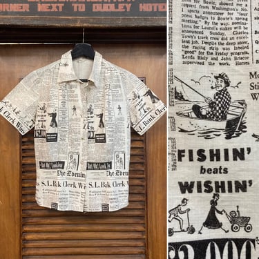 Vintage 1950’s Novelty Cartoon Newspaper Pattern Cotton Blouse Top, 50’s Shirt, Vintage Clothing 