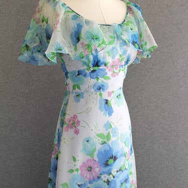 1960s - Blue Floral - Sheer Organza - Event -  Party Dress - Maxi - Esatimated size XS 