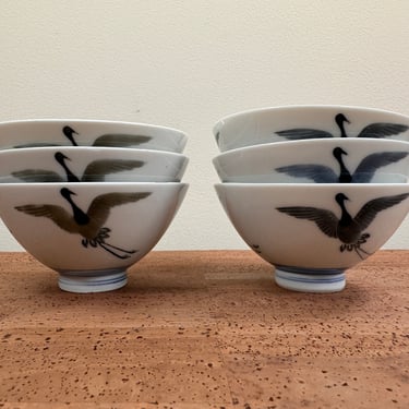 Vintage Porcelain Dancing Cranes (6) Rice Bowls | Blue Gray | Japan 