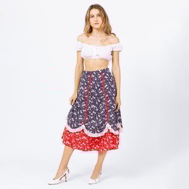 Vintage 70s Red White & Blue Floral Prairie Skirt - Extra Small, 25