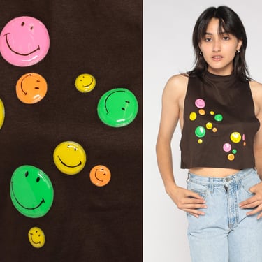 Smiley Face Crop Top 80s Brown Cropped Tank Top Mock Neck Low Armhole Sleeveless Shirt Retro Muscle Tee Happy Smile Vintage 1980s Small S 