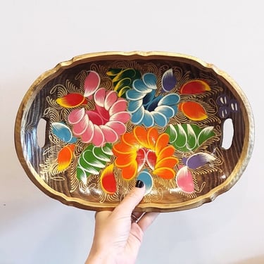 Vintage Mexican Hand-Painted Floral Wooden Tray 