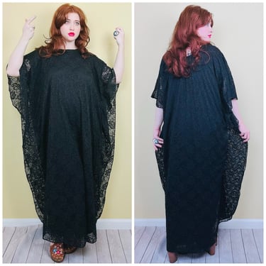 1970s Vintage Black Lace Pleated Caftan Dress / 70s . Seventies Angel Sleeve Bohemian Maxi Gown / One Size 