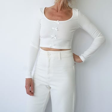 Vintage Ballerina White Ribbed Bows Cropped Shirt | Rib Knit Long Sleeve Layer Crop Top | Wide Open Neck Shirt 