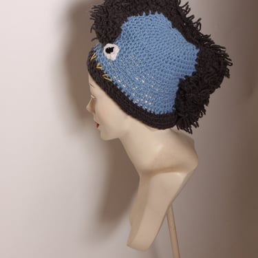 1970s Crochet Blue and Black Handmade Crochet Fish Style Winter Stocking Cap Hat 