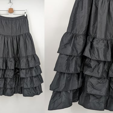 Vintage 80s Regina Porter Black Polyester Tiered Ruffle Small Pull On Skirt 