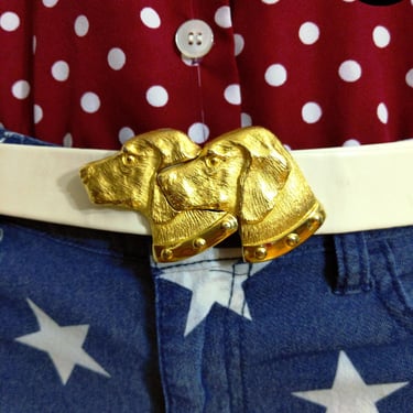 Cute Gold Dogs Buckle Vintage 70s 80s Off-White Vinyl Adjustable Belt 