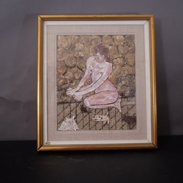 1970 Female Nude Shell Art Portrait by Federico Nappo | Seashell Mosaic with Cats | Vintage Folk Art  | Seashell Coastal Wall Decor 