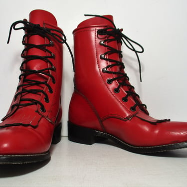 Vintage 1990s Red Leather Lace Up Kiltie Roper Boots, Size 8M Women, western boots 