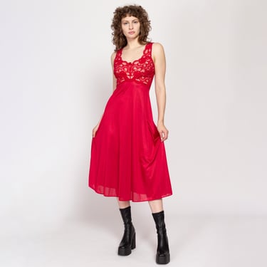 Small 90s Red Lace Bust Midi Slip Dress | Vintage Sheer Nightgown 