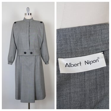 Vintage 1980s Albert Nipon wool gabardine skirt suit, military style, size medium 