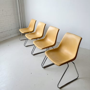 STACKABLE YELLOW PLASTIC &amp; CHROME CHAIRS, SET OF 4