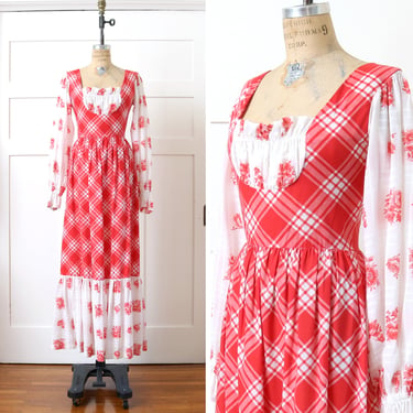 vintage 1970s boho maxi dress • red & white floral full length ren faire dress 