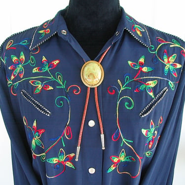 A.B.S. of California Vintage Western Women's Cowgirl Shirt, Blue with Variegated Floral Embroidery, Tag Size Medium (see meas. photo) 