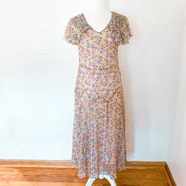 30s Stunning Floral Silk Crepe Chiffon Dress with Smocked Shoulders and Flutter Sleeves | Small/Medium 