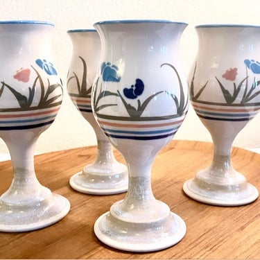 Vintage Studio Pottery Goblets 10oz | Signed by Artist | CottageCore Kitchen 4pc Set 