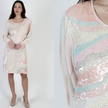 Sparkly 80s Pastel Sequin Dress, Eighties Shiny Beaded Party Outfit 