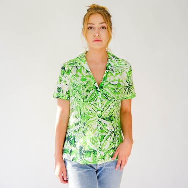 Vintage ESCADA Green Hawaiian Style Leaf Print Silk Blend Blouse | Made in Romania | Aloha, Party, Summer | Y2K 2000s Escada Designer Top 