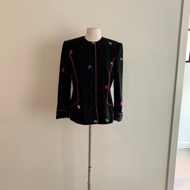 David Hayes 1980s black silk jacquard blazer with geometric pops of color and magenta piping-size 6/8 