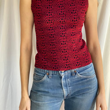 y2k Leopard Tank Top / Red and Black Leopard Stretchy Tank Top / Boat Neck Shell Tank Top Blouse 
