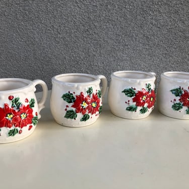 Vintage ceramic Poinsettia theme holiday cups mugs  8 oz Napco Japan set of 4 