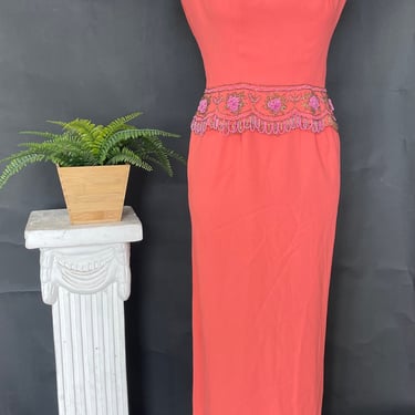 Vintage 1950s 1960s 60s Beaded Dress Gown Coral Peach Sleeveless Back Covering Modest Back Slit Hand Made Metal Zipper Size Small 