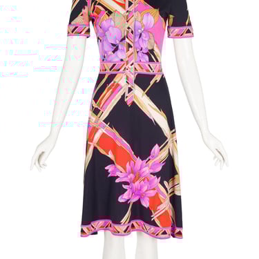 Leonard 1970s Vintage Orchid Print Jersey Short-Sleeve Shirt Dress Sz XS 