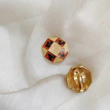Vintage Enamel and Gold Checkered Clip-On Studs 