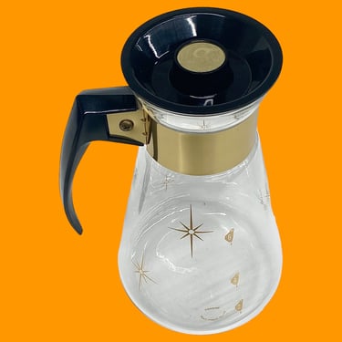 Vintage Coffee Carafe Retro 1960s Mid Century Modern + Corning + 6 Cup + Clear Glass + Gold Atomic Starburst + w/Lid + Serving + MCM Kitchen 