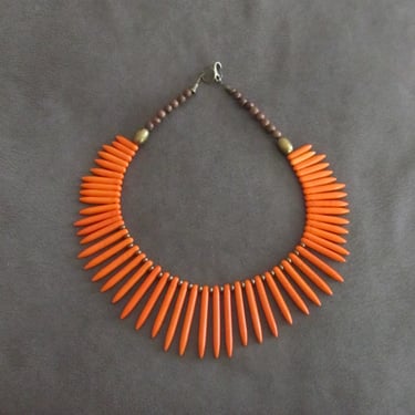 Orange bib necklace, statement necklace, bold African necklace, Afrocentric necklace, exotic necklace, tribal ethnic necklace, primitive 