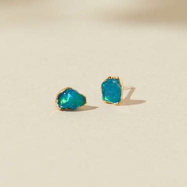blue opal earrings, raw opal studs, natural australian opal jewelry, handmade jewelry, natural crystal earrings, october birthstone earrings 