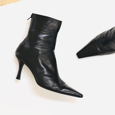 90s 00s Y2K Black Leather Cropped High heel Boots 8 1/2 Pointed Toe Stuart Weitzman 8 1/2 // Vintage Black leather high heel boots 8 1/2 