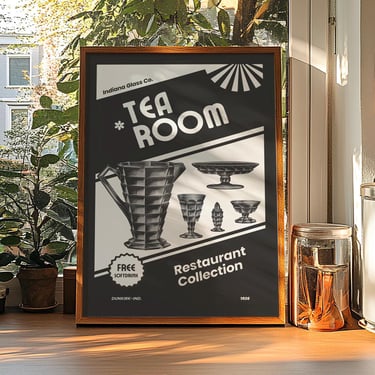 Vintage Art Deco Depression Glass Poster - Antique Glassware Wall Art for Tea Room Collectors 