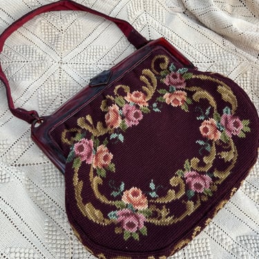 1940s Winter Floral Needlepoint Handbag Vintage 
