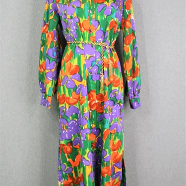 1970s - Mod - Op Art Floral - Shirt Dress - Hostess Dress - Estimated size L/XL 