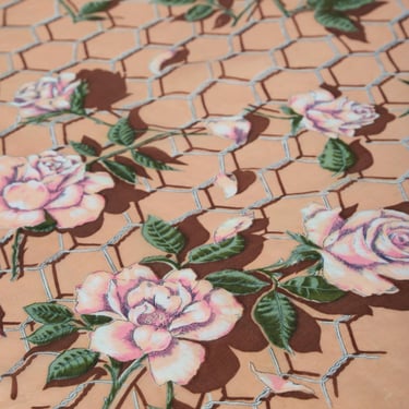 Vintage 1950s floral chain link fence novelty print pink silk scarf | 31.5