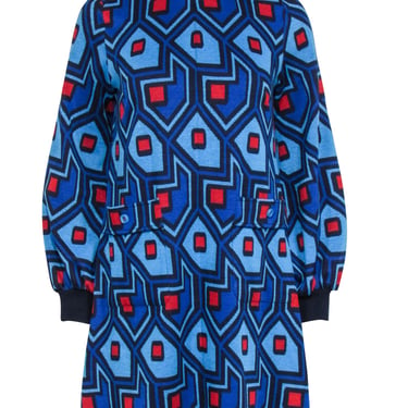 Tuckernuck - Blue & Red Geometric Print Long Sleeve Knit Dress Sz S
