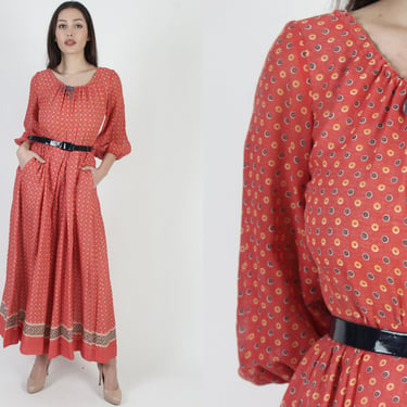 Wide Leg Palazzo Jumpsuit With Hip Pockets, Vintage 1970s Polka Dot Print Sweeping Playsuit 