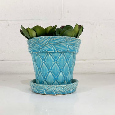 Vintage McCoy Blue Green Planter Quilted Leaves Brush Attached Saucer Mid-Century Pottery Pot Made in the USA 1950s Aqua Turquoise Mint 