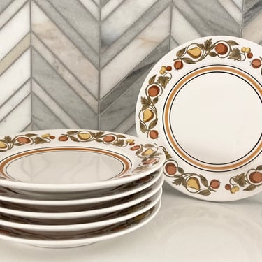FRANCISCAN Pickwick Bread Butter Plates, Mid Century, 60s, Pears, Fruit, Vine Border, Inner Mustard Band, Salad Plate, Vintage Dinnerware 