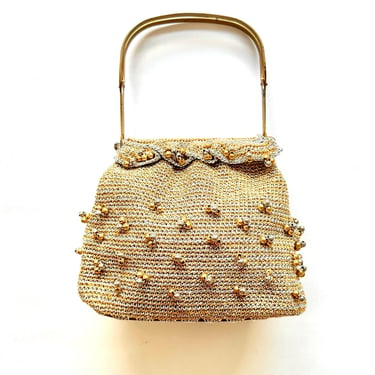 Vintage 1960s Space Age Beaded Metallic Gold 60s Crochet Boho Glam Handbag Top Handle Purse 